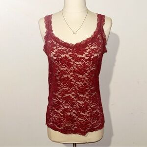 Sheer Lace Tank Top - Wine Red Sleeveless Layering Shell